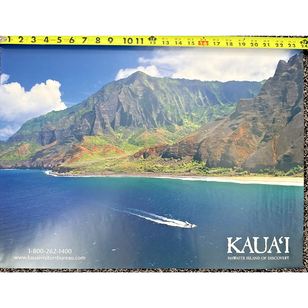 Kaua'i Hawaii Travel Poster Blue Ocean Water Tropical Hawaiian Mountains 24" x18
